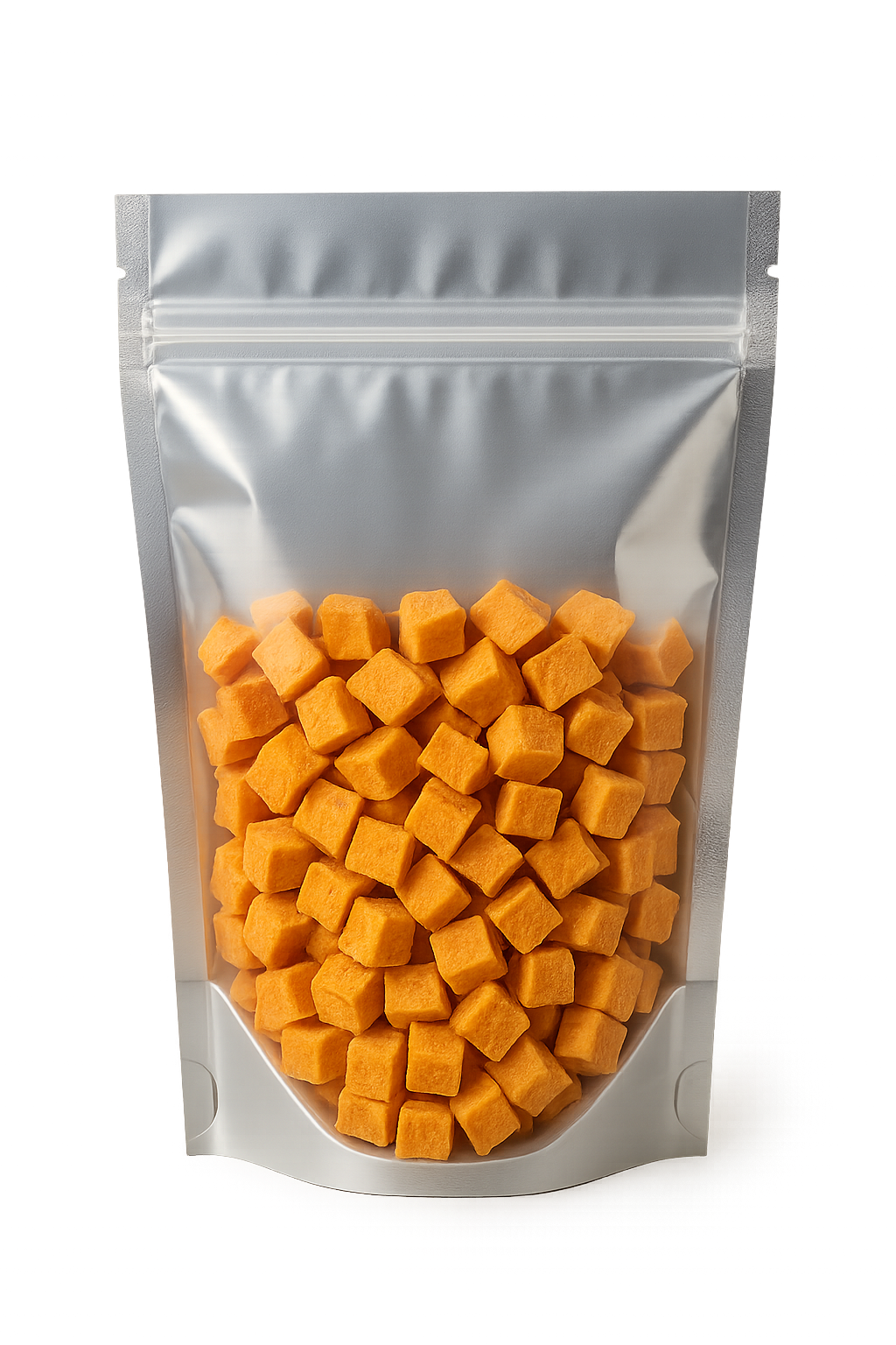 Single ingredient, freeze-dried sweet potato dog treats in diced bite size pieces. The treats are sitting in a food-grade mylar bag with a clear front. Zero additives, zero preservatives.